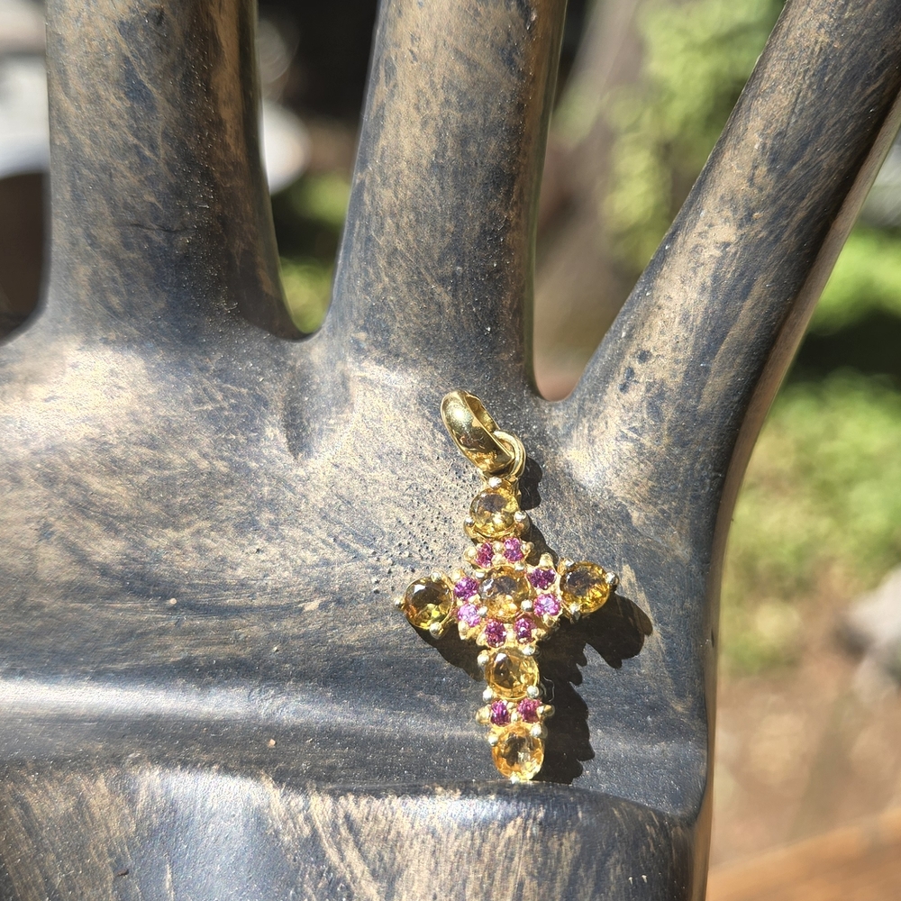 Tourmaline & Rhodolite Natural Sterling & Gold Cross Pendant Necklace 1"